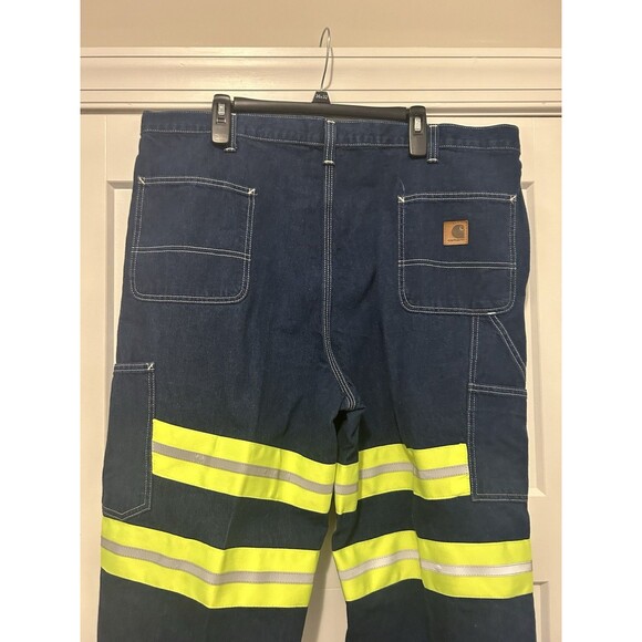CARHARTT REFLECTIVE Safety Work Pants Dark Wash Denim Size 42 X 32 Dungaree Fit - Picture 5 of 7